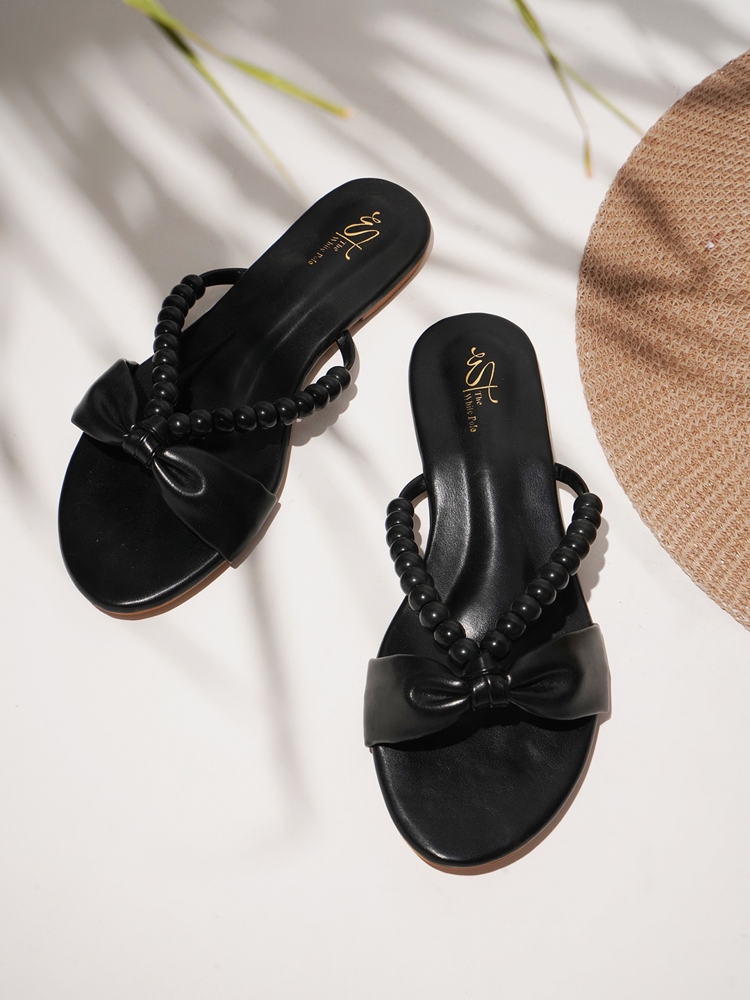 

THE WHITE POLE Beaded Open Toe Flats, Black