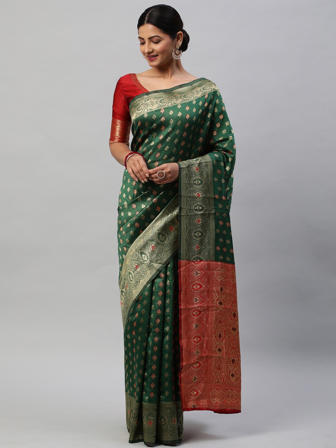 

Mitera Green & Red Woven Design Zari Kanjeevaram Saree
