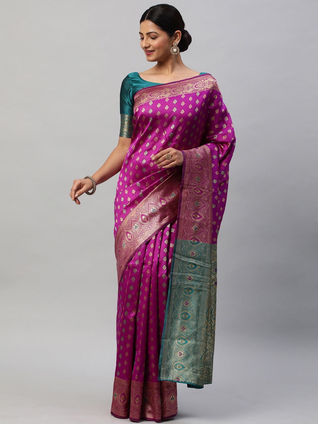 

Mitera Magenta & Green Woven Design Zari Kanjeevaram Saree