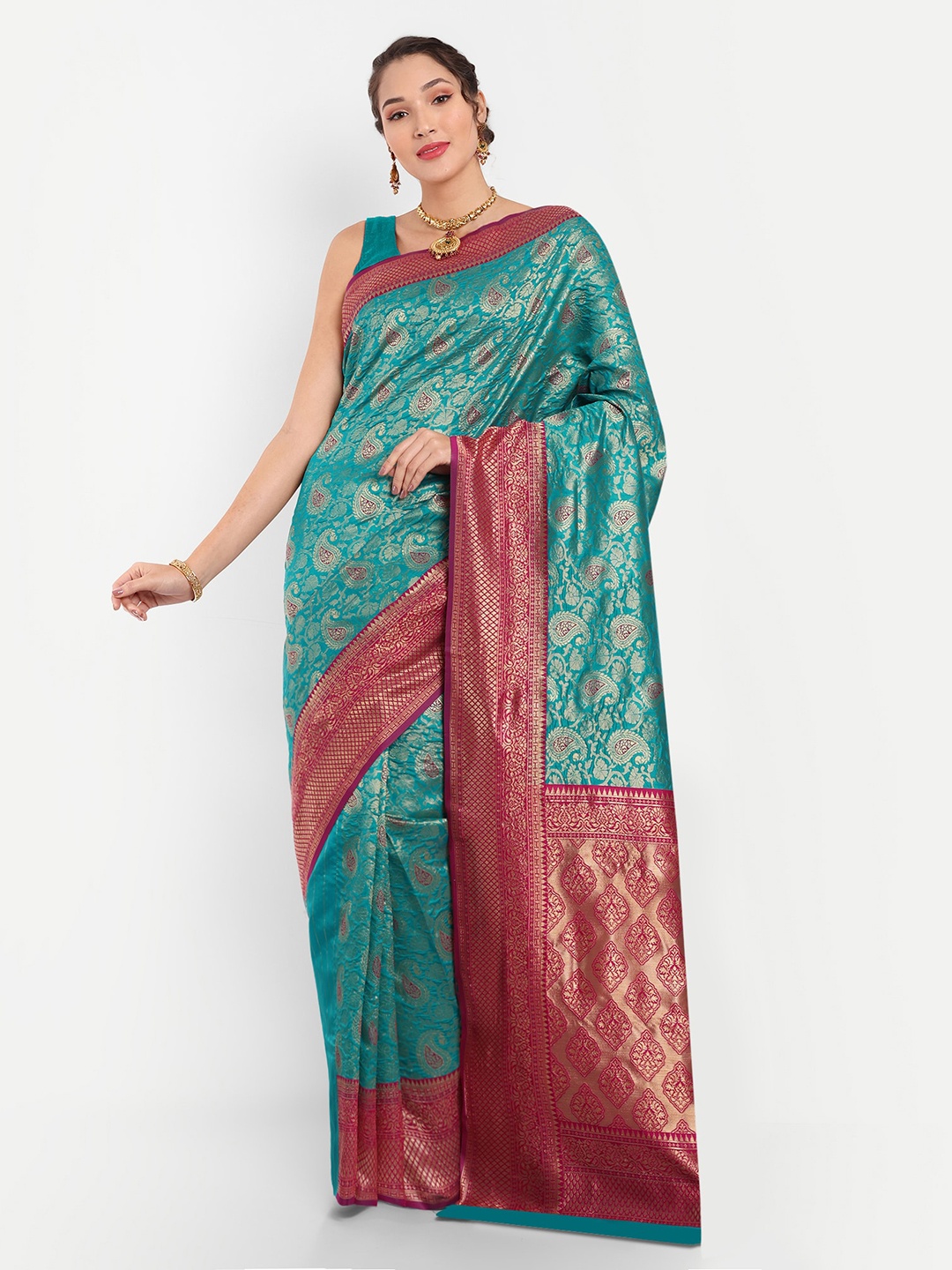 

Areca Designer Paisley Woven Design Zari Banarasi Saree, Turquoise blue