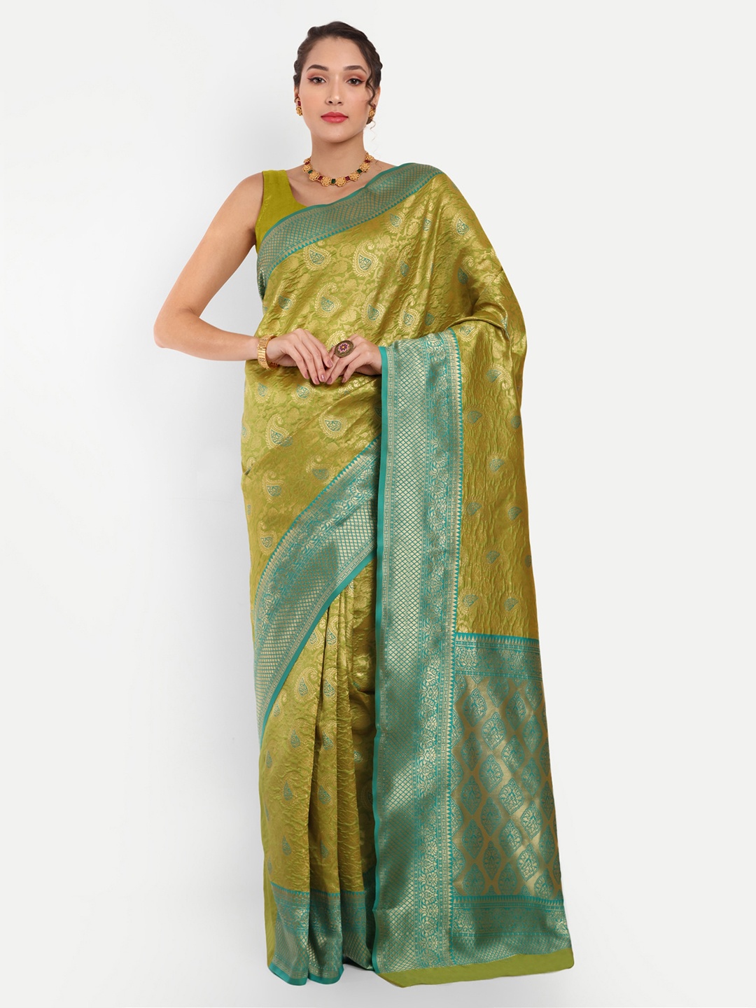 

Areca Designer Ethnic Motifs Woven Design Zari Banarasi Saree, Olive