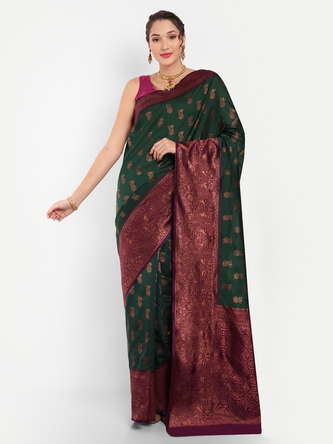 

Areca Designer Ethnic Motifs Woven Design Zari Kanjeevaram Saree, Green