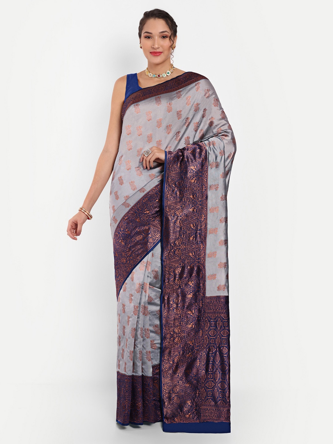 

Areca Designer Ethnic Motifs Woven Design Zari Kanjeevaram Saree, Grey