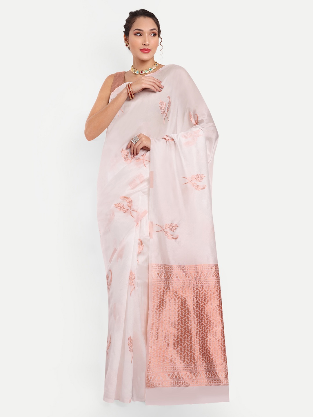 

Areca Designer Floral Woven Design Zari Banarasi Saree, White