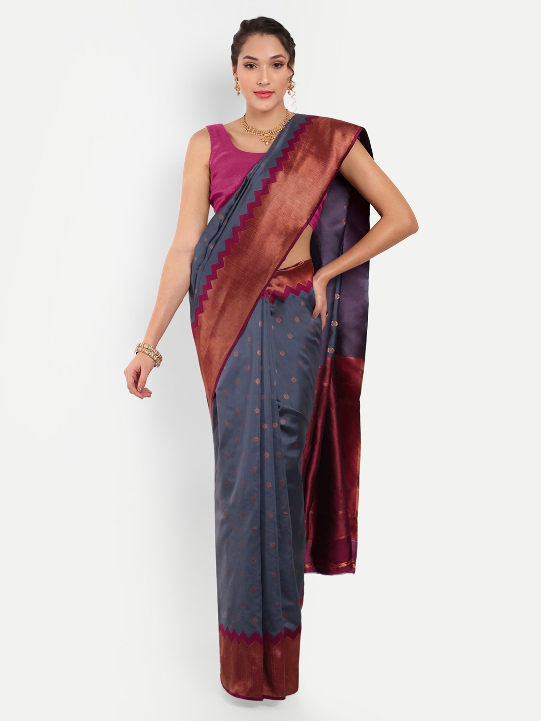 

Areca Designer Floral Woven Design Zari Banarasi Saree, Grey