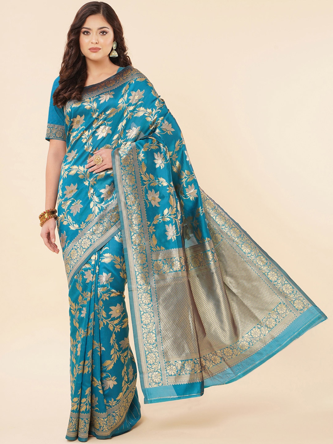 

Areca Designer Floral Woven Design Zari Banarasi Saree, Turquoise blue