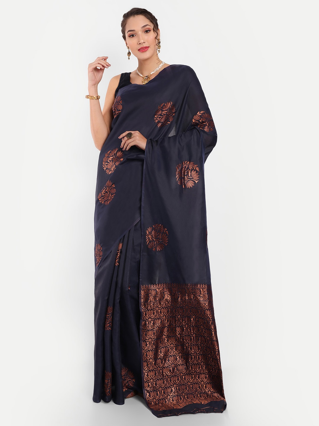 

Areca Designer Floral Woven Design Zari Banarasi Saree, Navy blue