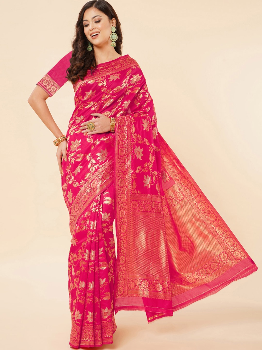 

Areca Designer Floral Woven Design Zari Banarasi Saree, Pink