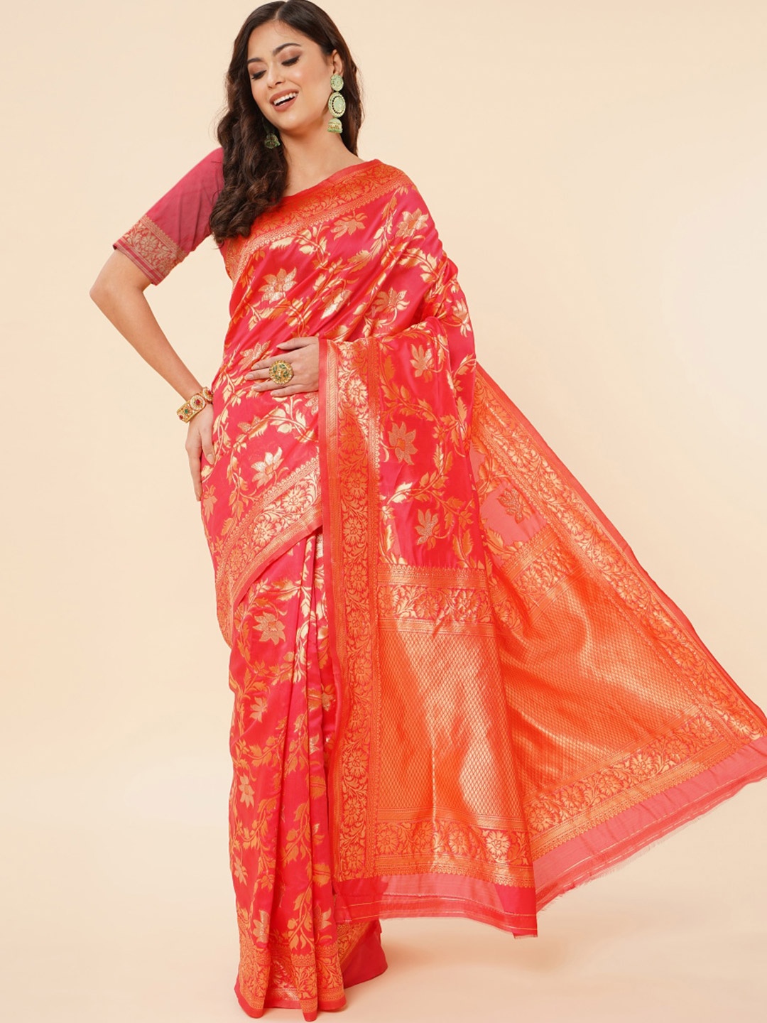 

Areca Designer Floral Woven Design Zari Banarasi Saree, Red
