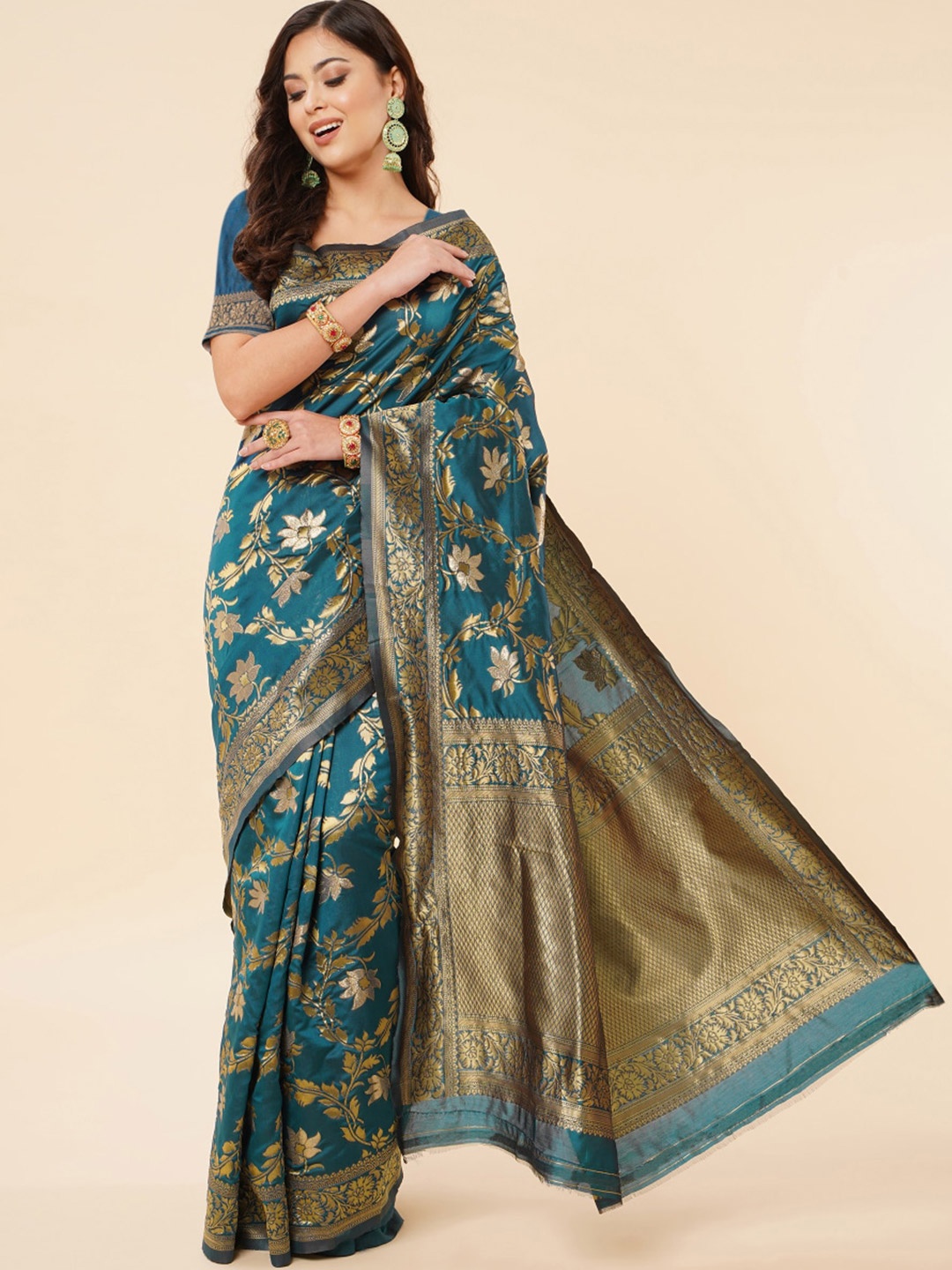 

Areca Designer Floral Woven Design Zari Banarasi Saree, Teal