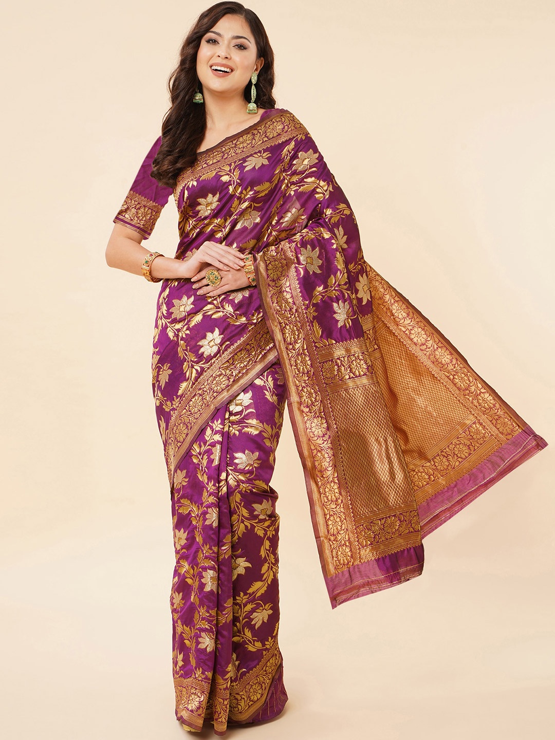 

Areca Designer Floral Woven Design Zari Banarasi Saree, Purple