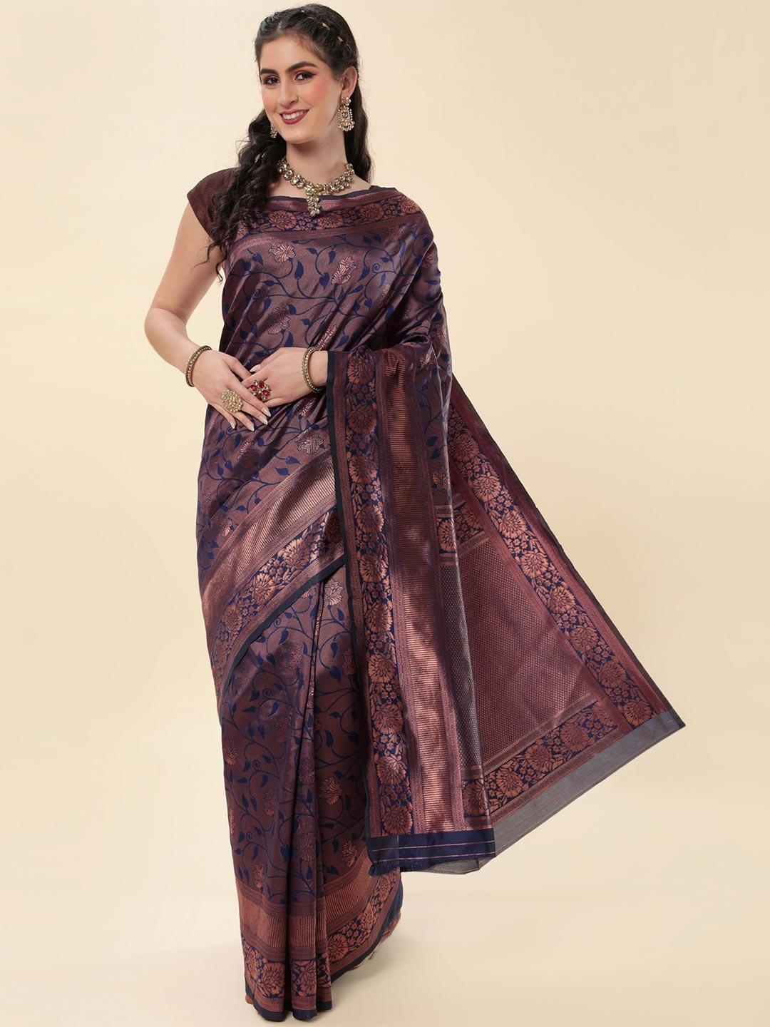 

Areca Designer Floral Woven Design Zari Banarasi Saree, Navy blue