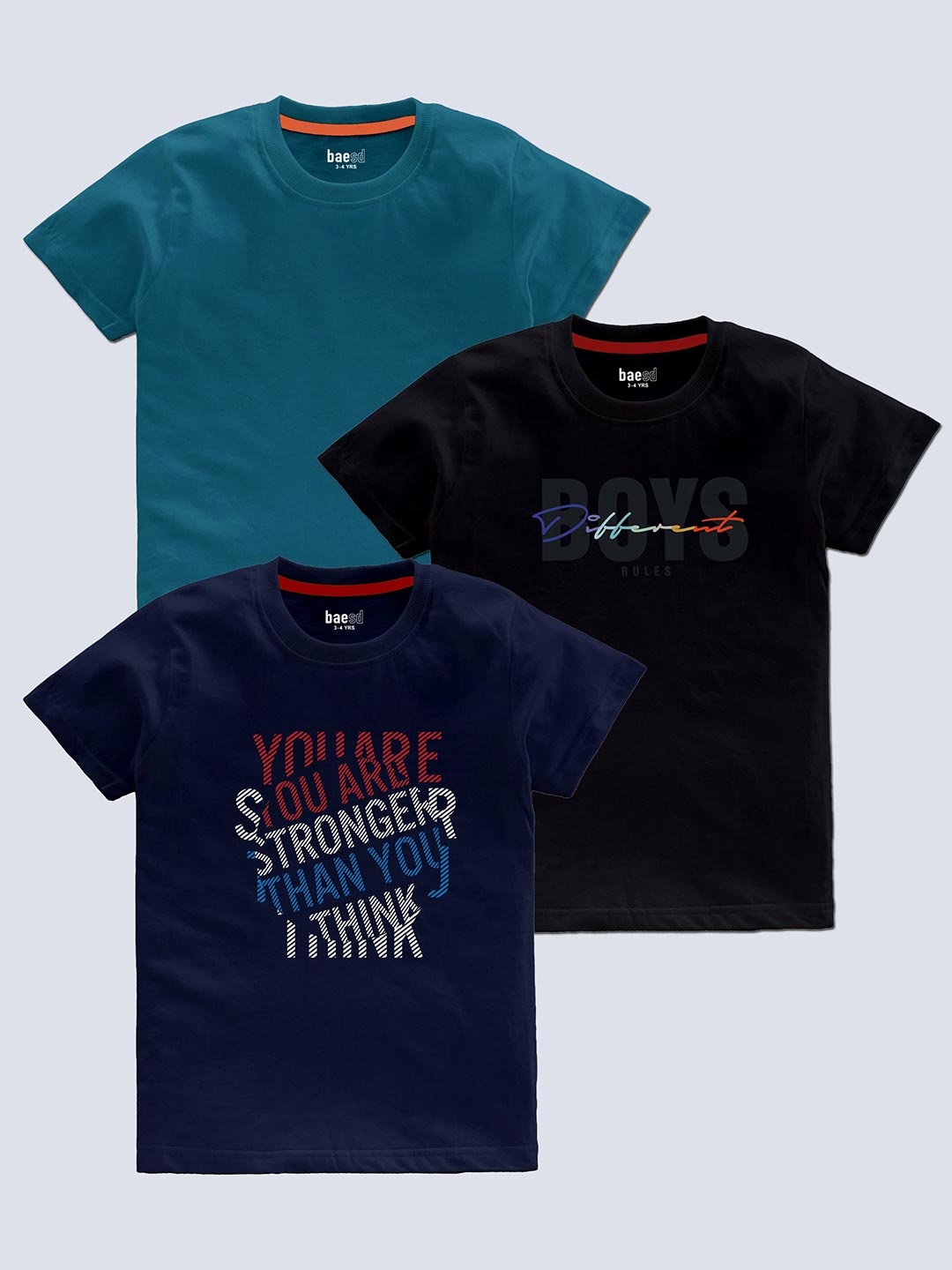 

BAESD Boys Pack Of 3 Typography Printed T-shirt, Navy blue