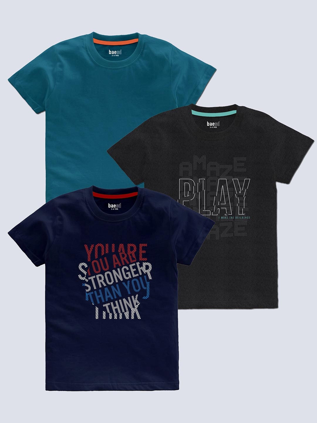 

BAESD Boys Pack Of 3 Typography Printed T-shirt, Navy blue