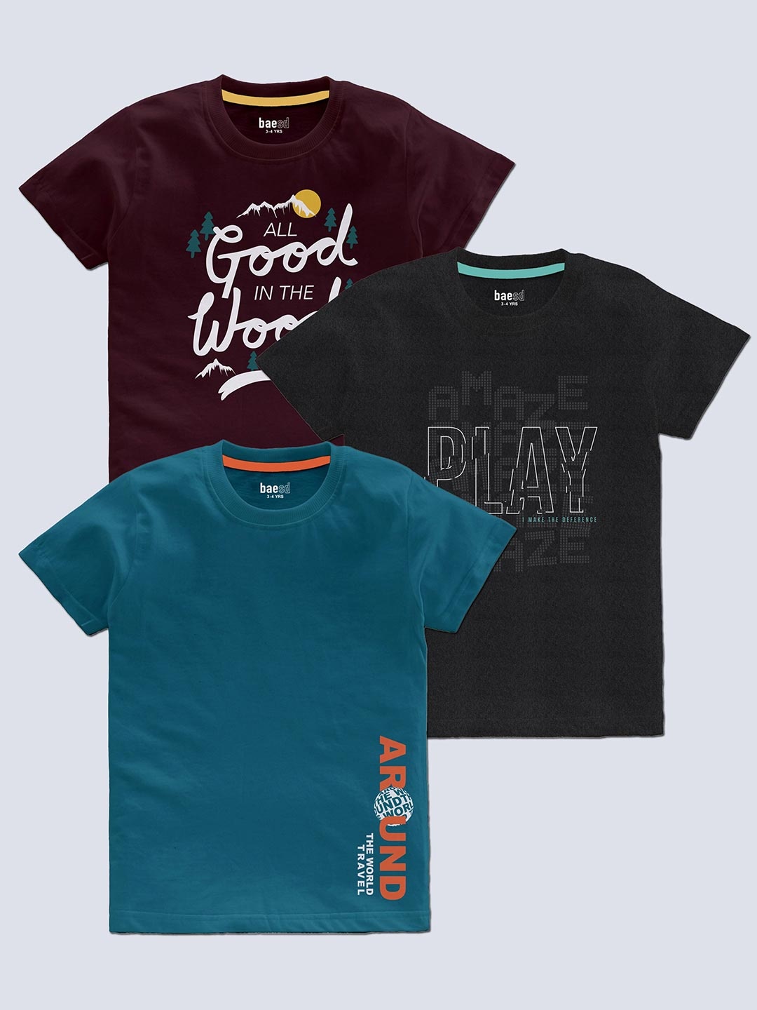 BAESD Boys Pack Of 3 Typography Printed T-shirt, Teal