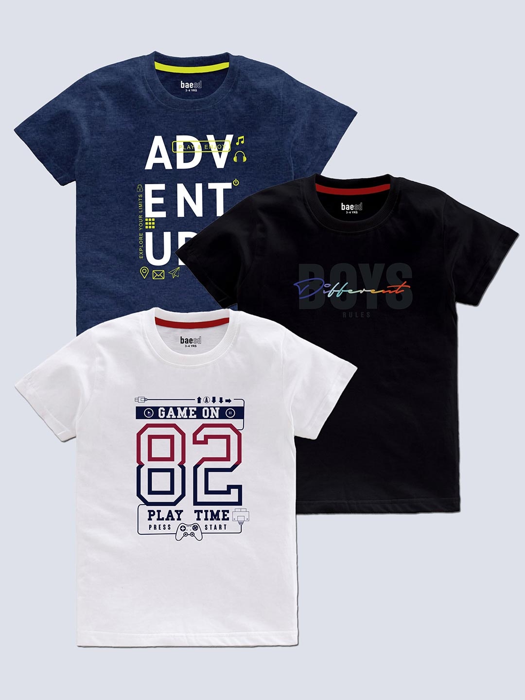 

BAESD Boys Pack Of 3 Typography Printed T-shirt, White