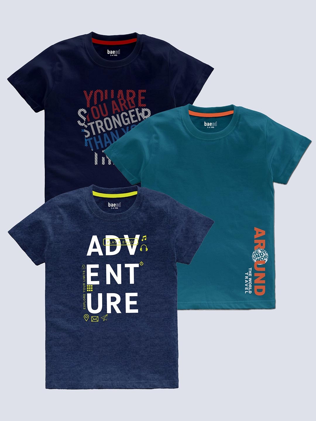 

BAESD Boys Pack Of 3 Typography Printed T-shirt, Navy blue