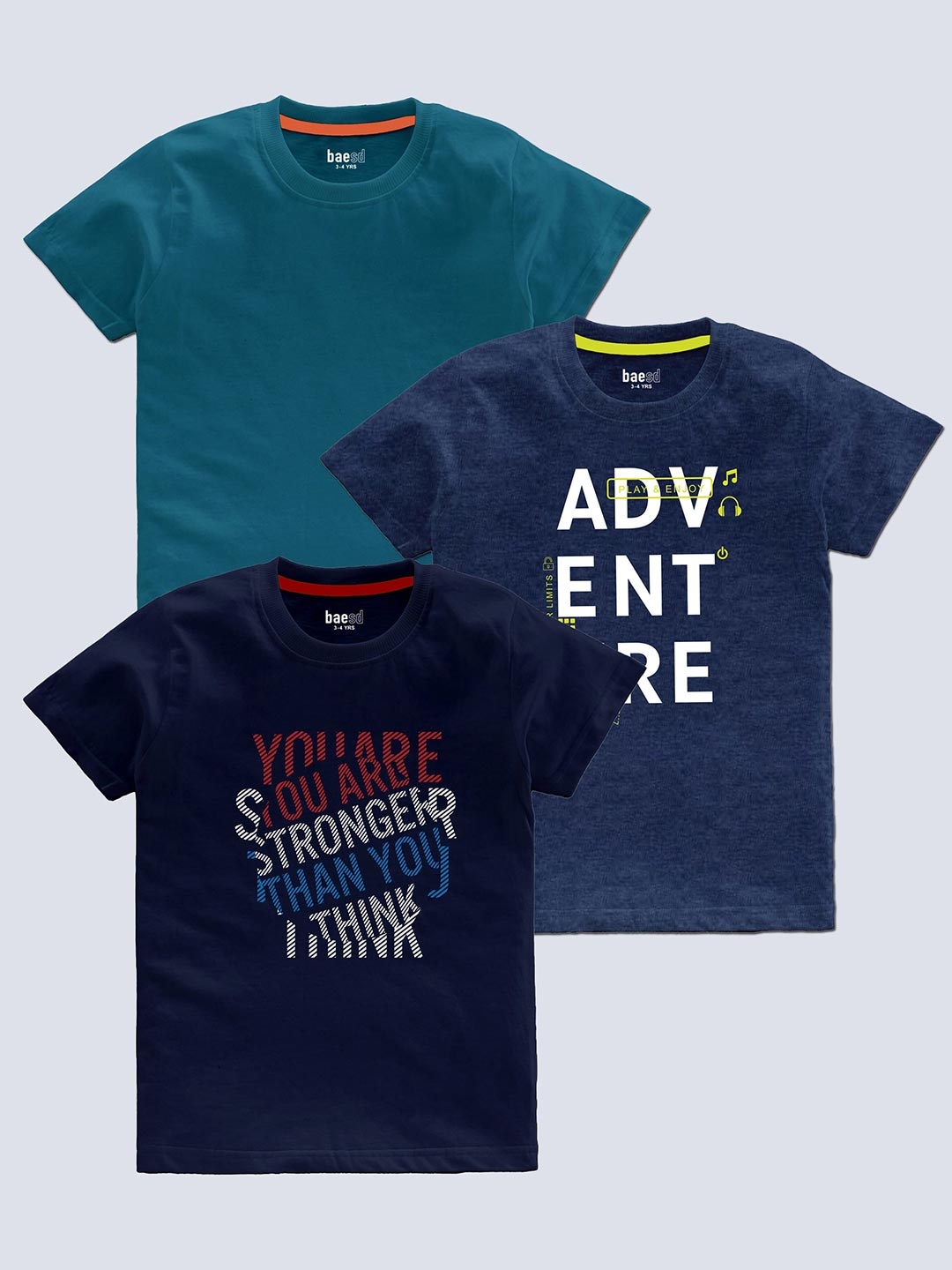 

BAESD Boys Pack Of 3 Typography Printed T-shirt, Navy blue