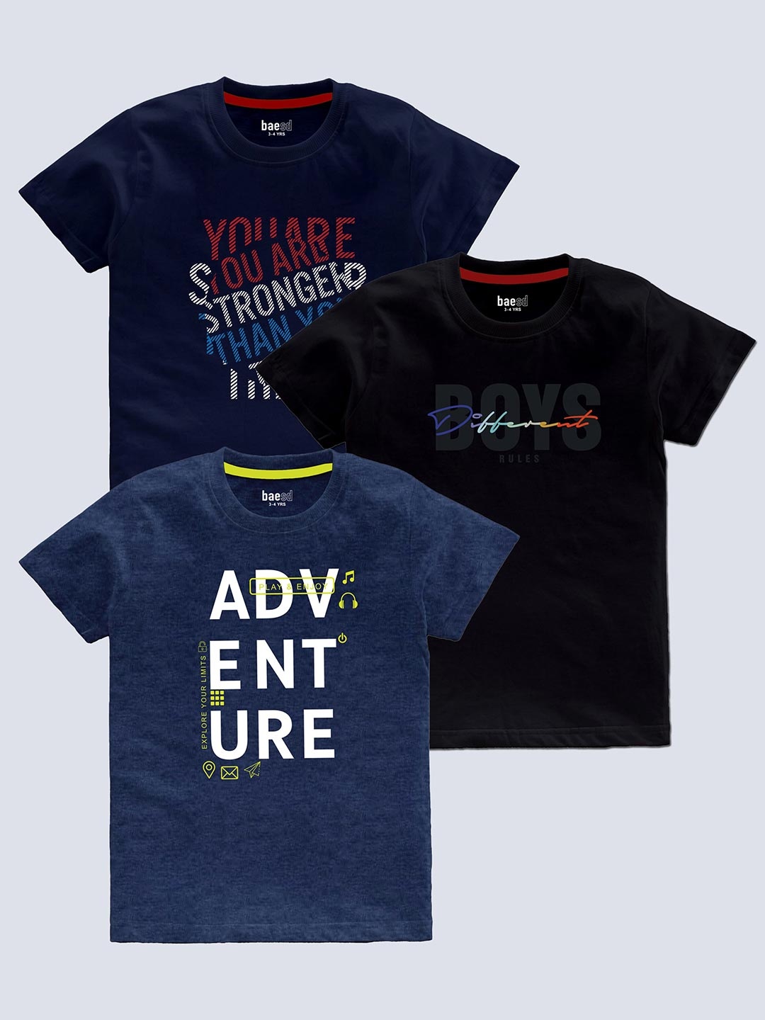 BAESD Boys Pack Of 3 Typography Printed T-shirt, Navy blue