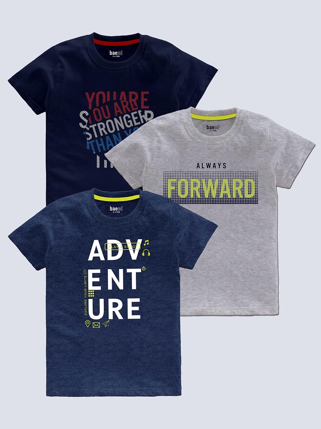 

BAESD Boys Pack Of 3 Typography Printed T-shirt, Navy blue