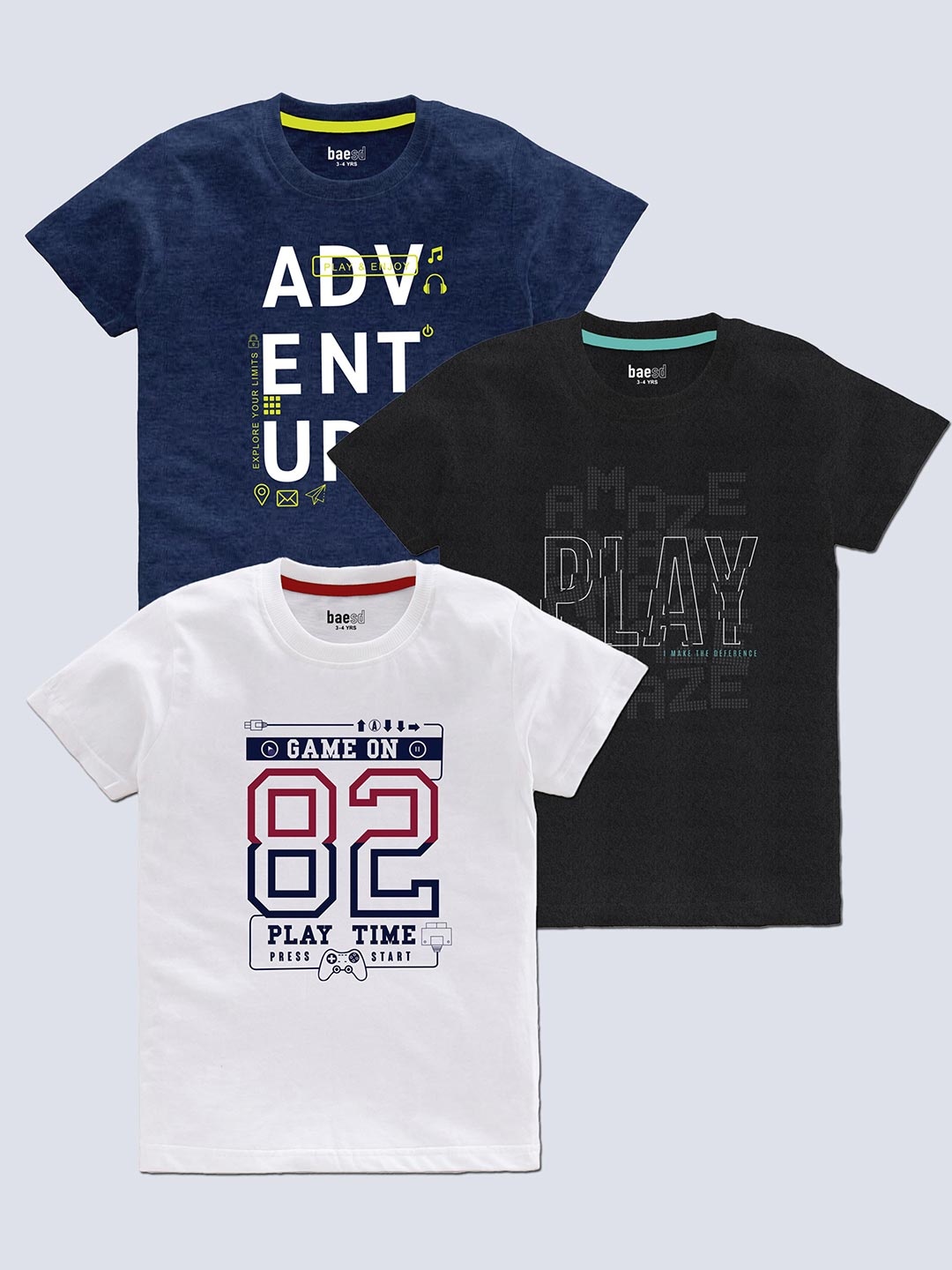 

BAESD Boys Pack Of 3 Typography Printed T-shirt, White