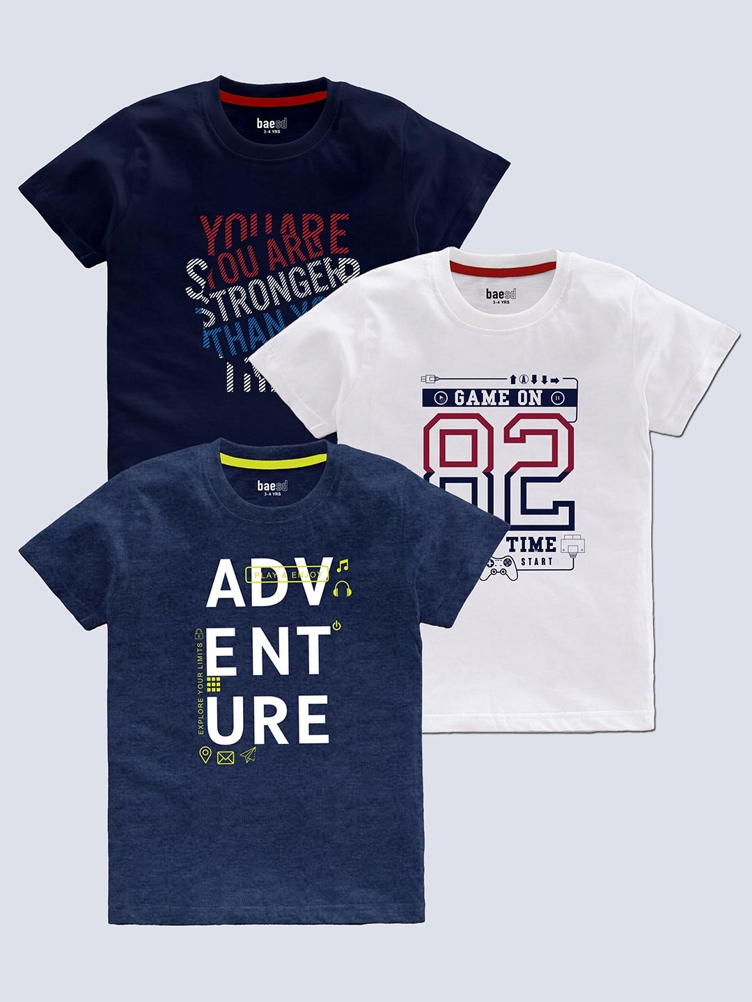 

BAESD Boys Pack Of 3 Typography Printed T-shirt, Navy blue