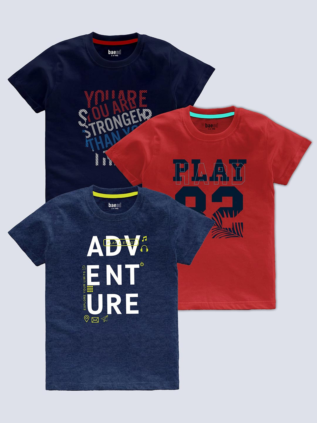 

BAESD Boys Pack Of 3 Typography Printed T-shirt, Navy blue
