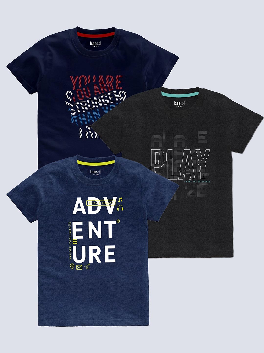 

BAESD Boys Pack Of 3 Typography Printed T-shirt, Navy blue