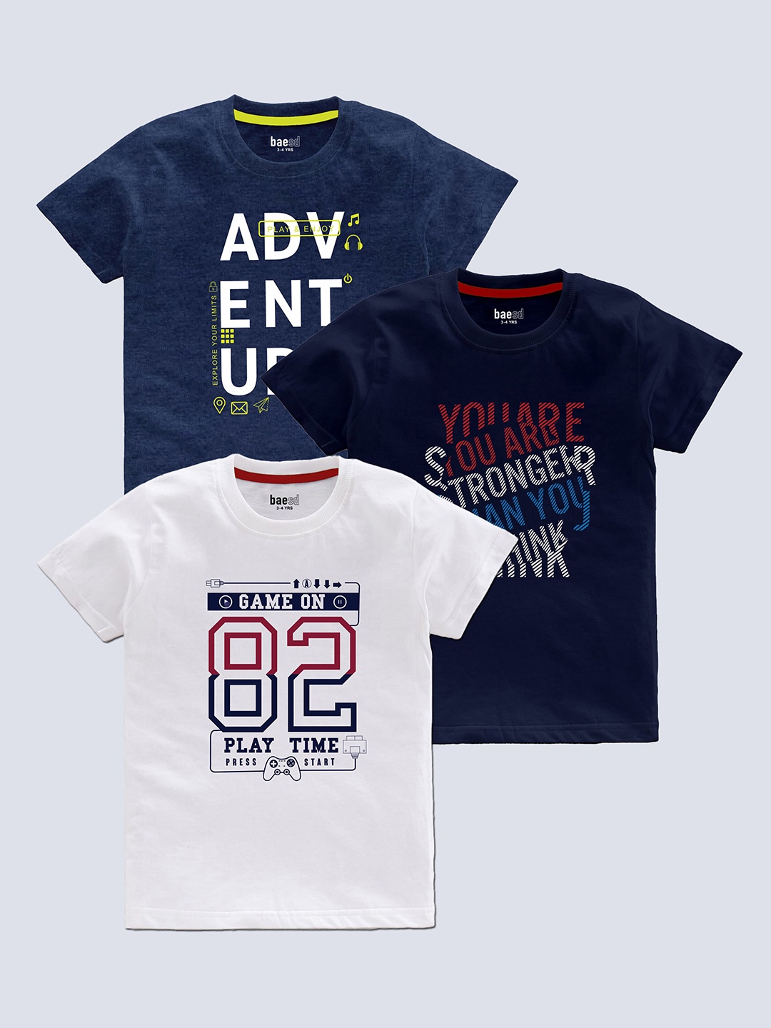 

BAESD Boys Pack Of 3 Typography Printed T-shirt, White