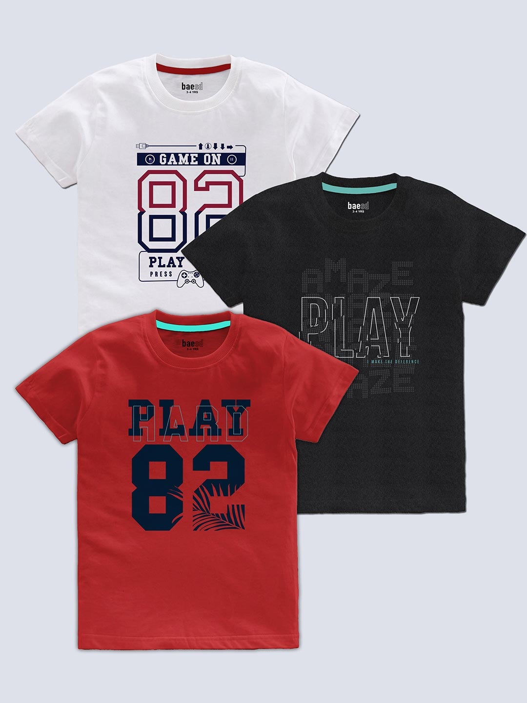

BAESD Boys Pack Of 3 Typography Printed T-shirt, Red