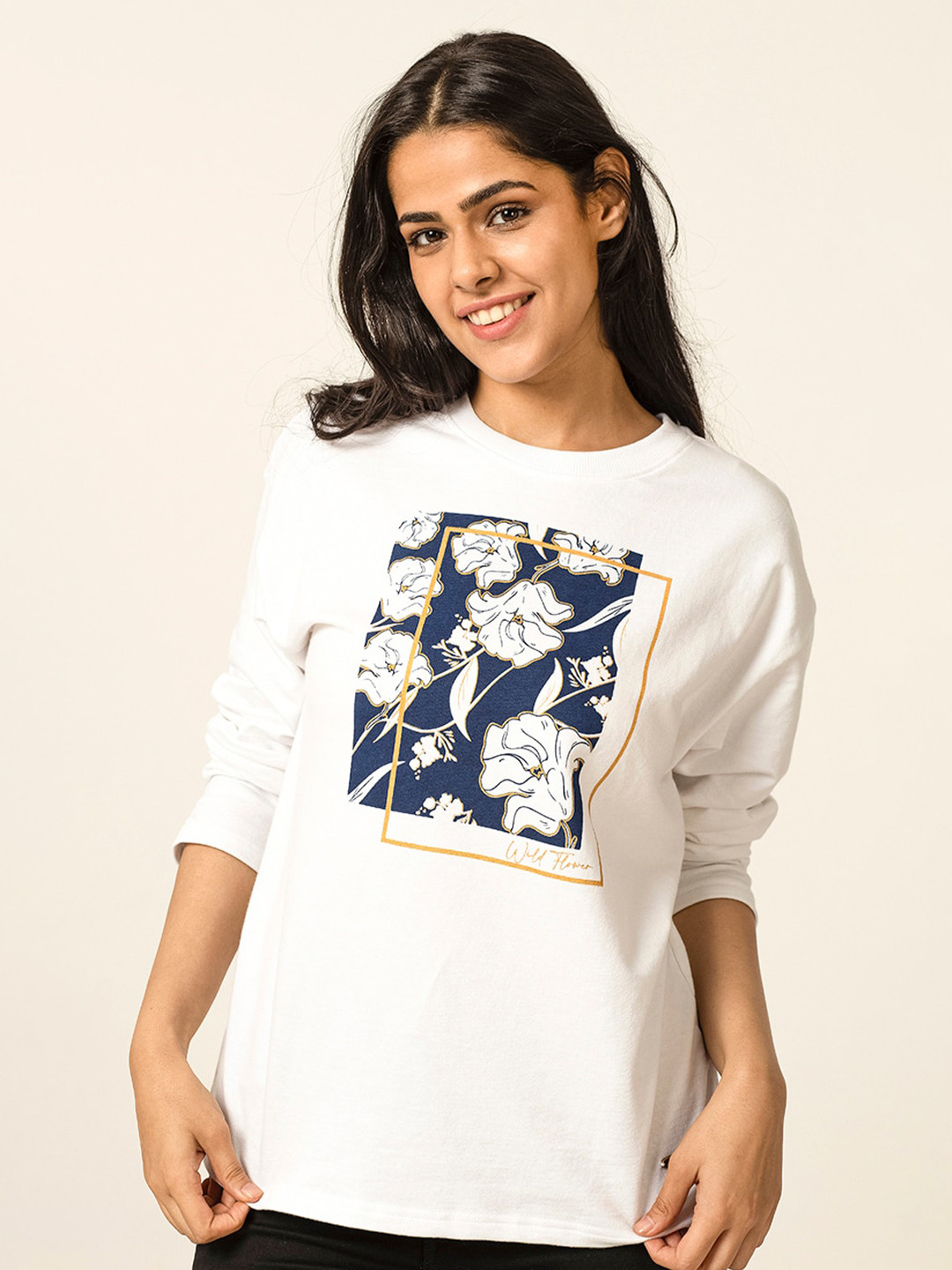 

harbour 9 Regular Fit Floral Printed Round Neck Long Sleeve Cotton T-shirt, White