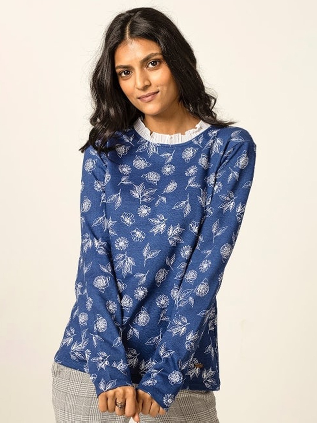 

harbour 9 Floral Printed Cotton Pullover Sweatshirt, Blue