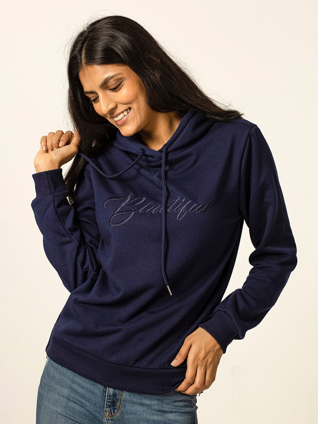 

harbour 9 Typography Printed Long Sleeves Cotton Hood Pullover Sweatshirt, Blue