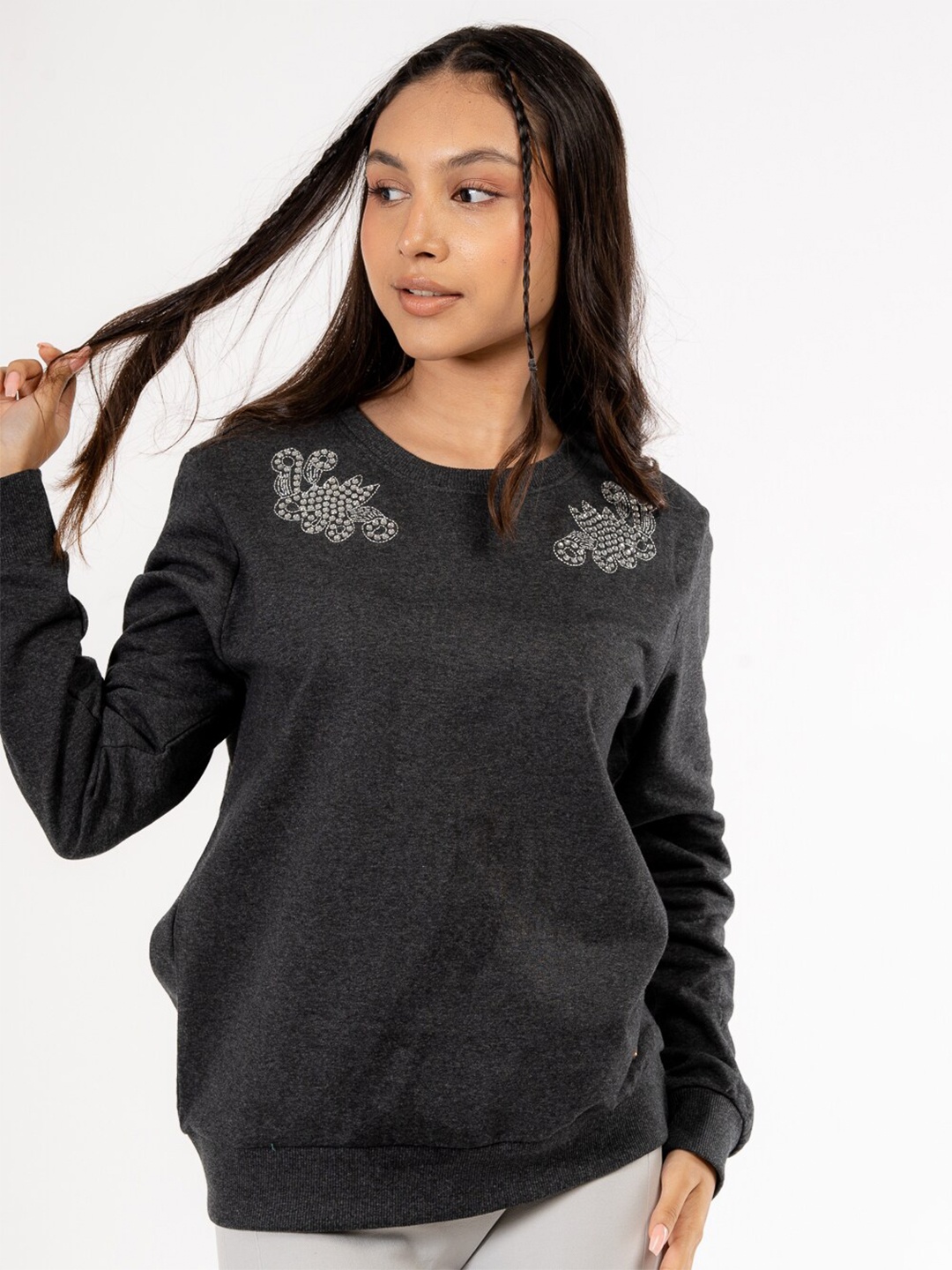 

harbour 9 Embellished Long Sleeves Cotton Pullover, Grey