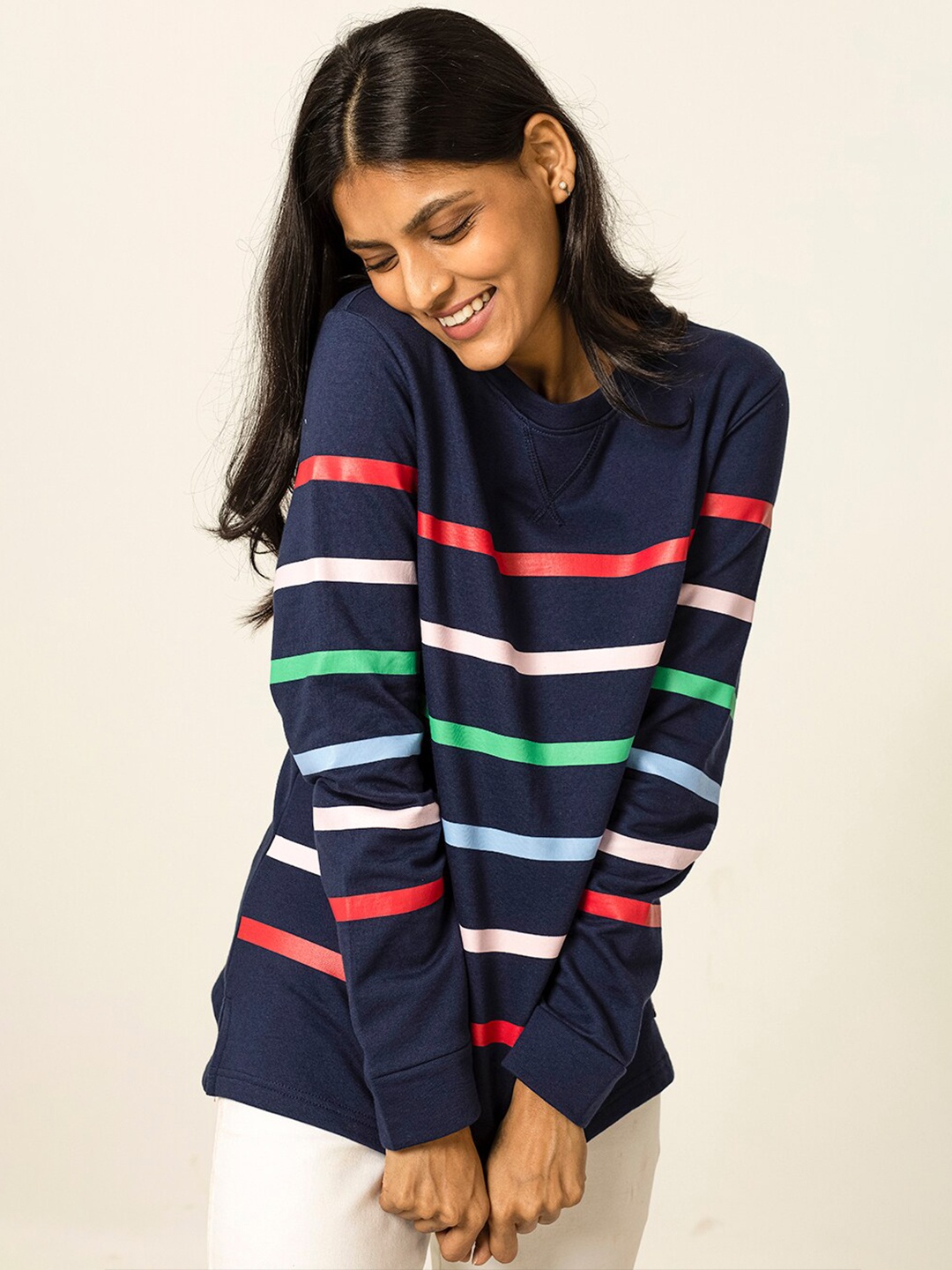 

harbour 9 Regular Fit Striped Printed Round Neck Long Sleeve Cotton T-Shirt, Blue