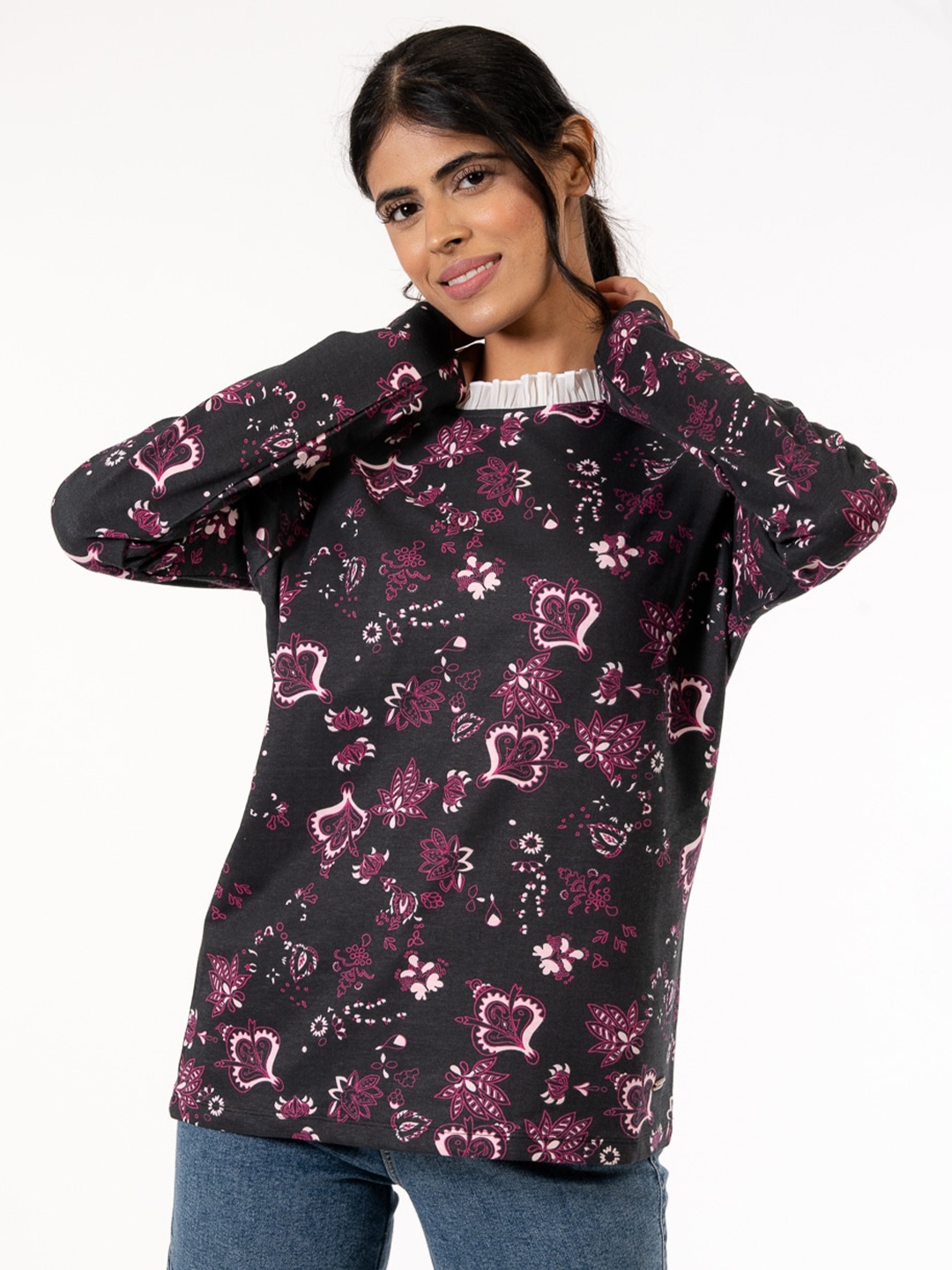 

harbour 9 Floral Printed Cotton Pullover, Black