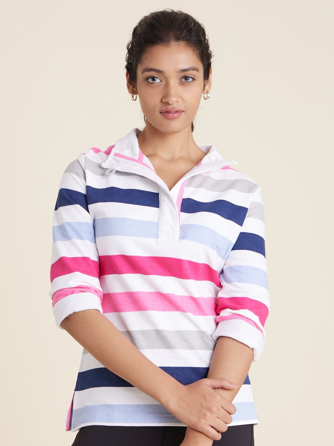 

harbour 9 Striped Half Zipper Cotton Pullover, White