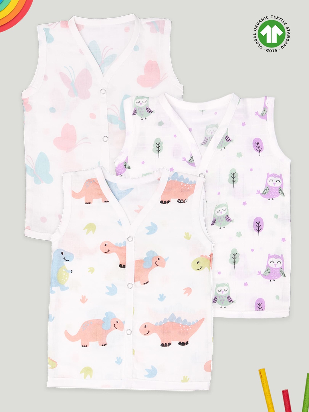

Kidbea Infants Pack Of 3 Printed Bamboo Jhablas KB23BOD3_03, White