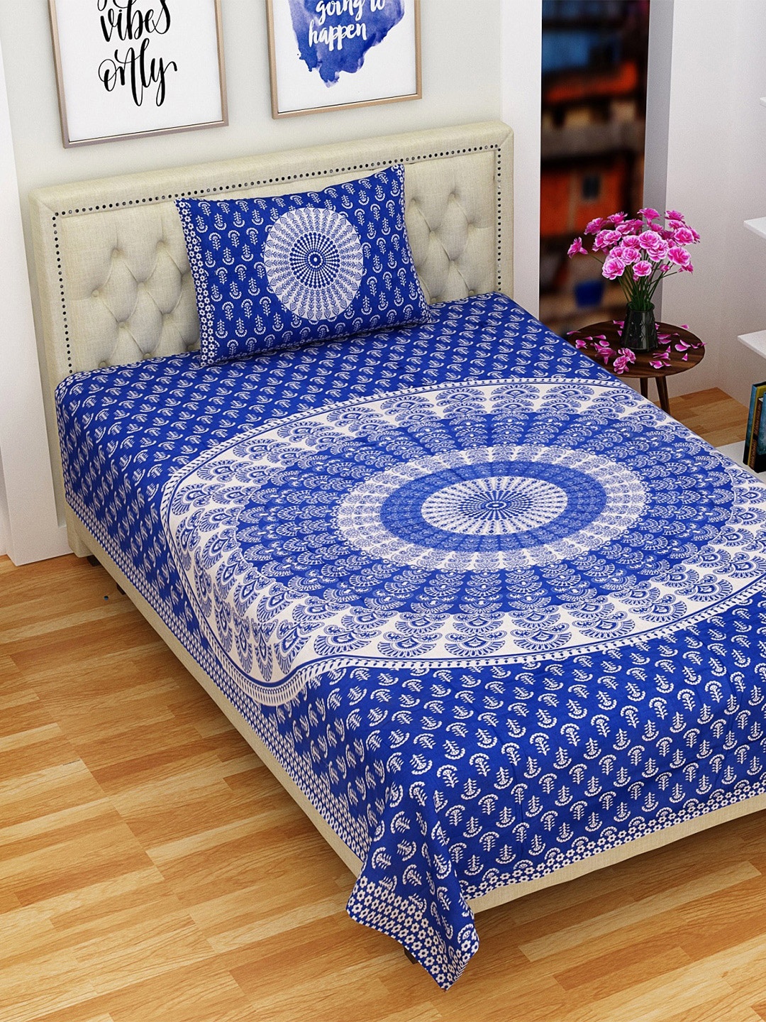 

Rajasthanikart Blue & White Ethnic Motifs Cotton 120 TC Single Bedsheet & 1 Pillow Cover