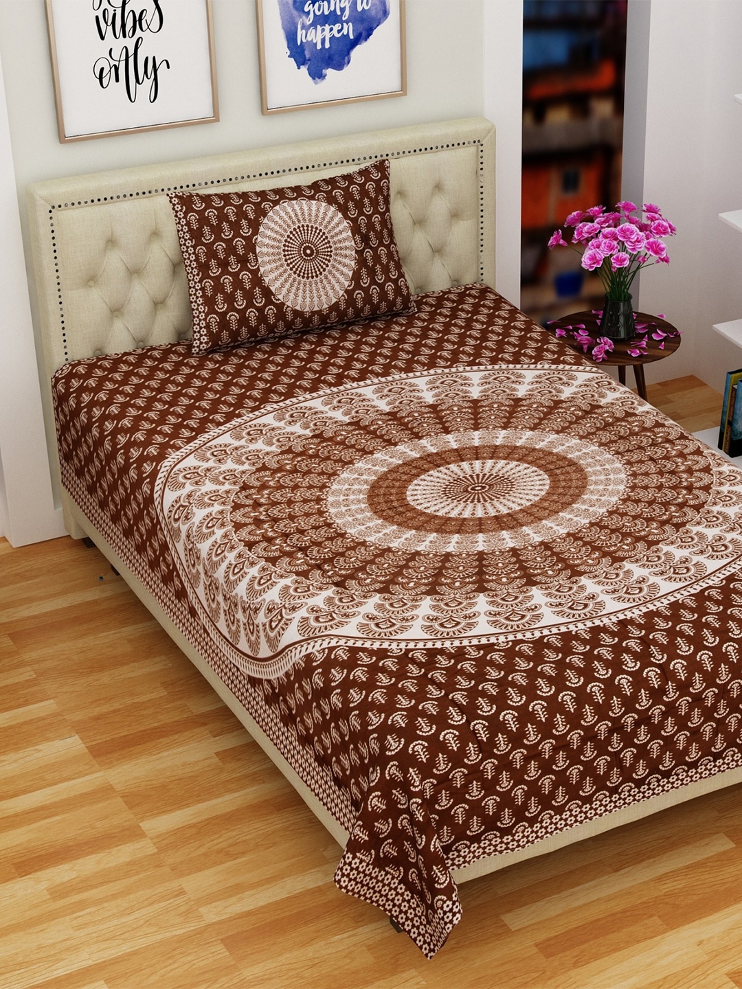 

Rajasthanikart Brown & White Ethnic Motifs Cotton 120 TC Single Bedsheet & 1 Pillow Cover