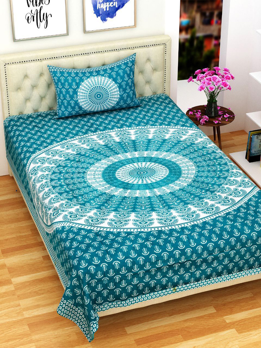 

Rajasthanikart Green & White Ethnic Motifs Cotton 120 TC Single Bedsheet & 1 Pillow Cover