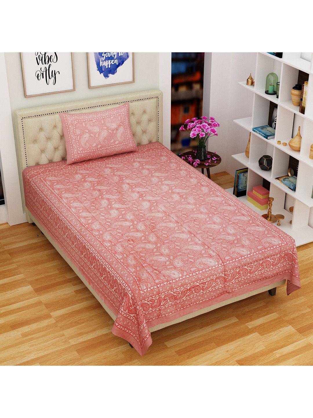 

Rajasthanikart Pink Ethnic Motifs Cotton 144 TC Single Bedsheet With 1 Pillow Cover