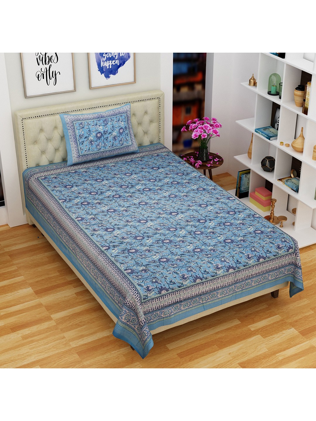 

Rajasthanikart Blue & White Ethnic Motifs Cotton 144 TC Single Bedsheet & 1 Pillow Cover