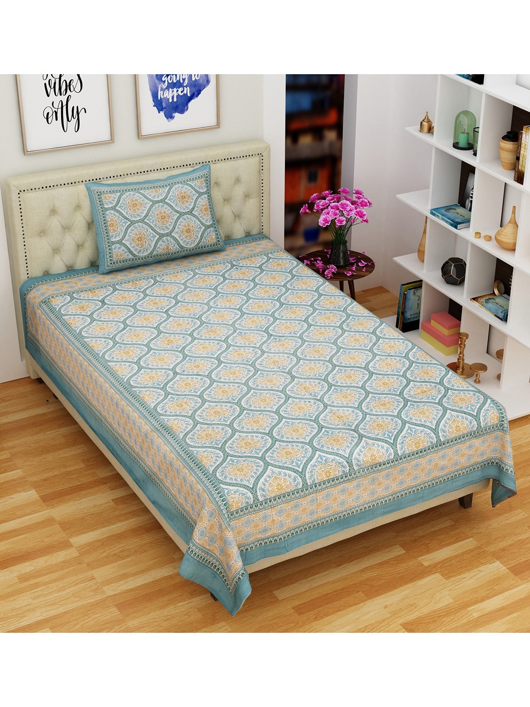 

Rajasthanikart Green & Yellow Ethnic Motifs 144 TC Single Bedsheet with 1 Pillow Covers