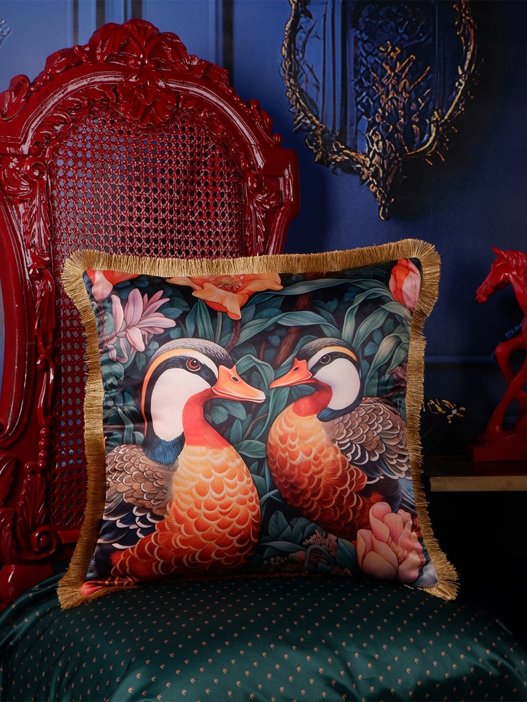 

THE WHITE INK DECOR Green & Orange Ethnic Motifs Satin Square Cushion Cover