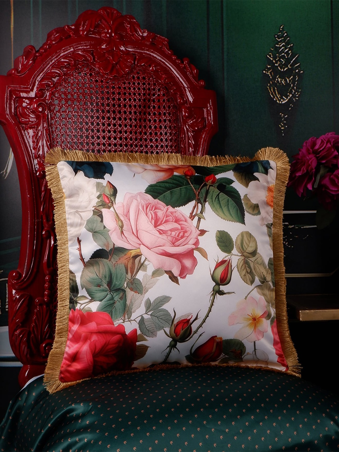 

THE WHITE INK DECOR White & Green Floral Satin Square Cushion Cover