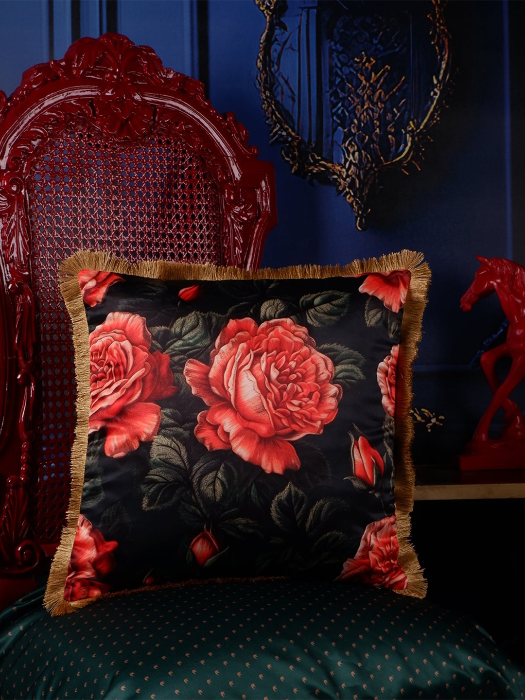 

THE WHITE INK DECOR Red & Black Floral Satin Square Cushion Cover
