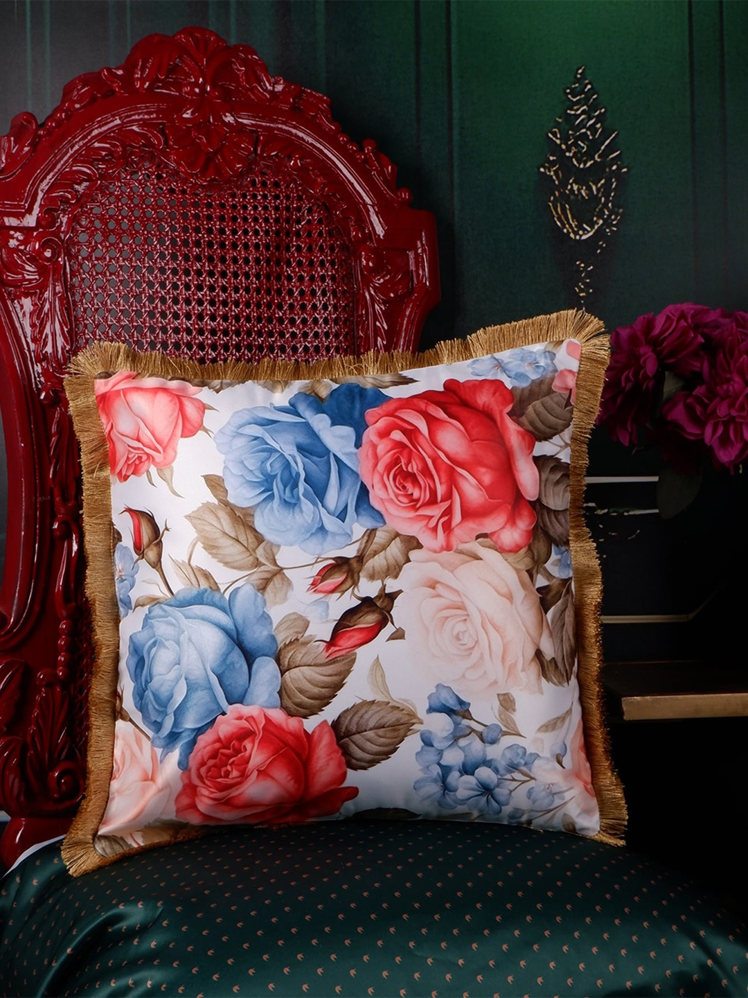 

THE WHITE INK DECOR White & Pink Floral Satin Square Cushion Cover