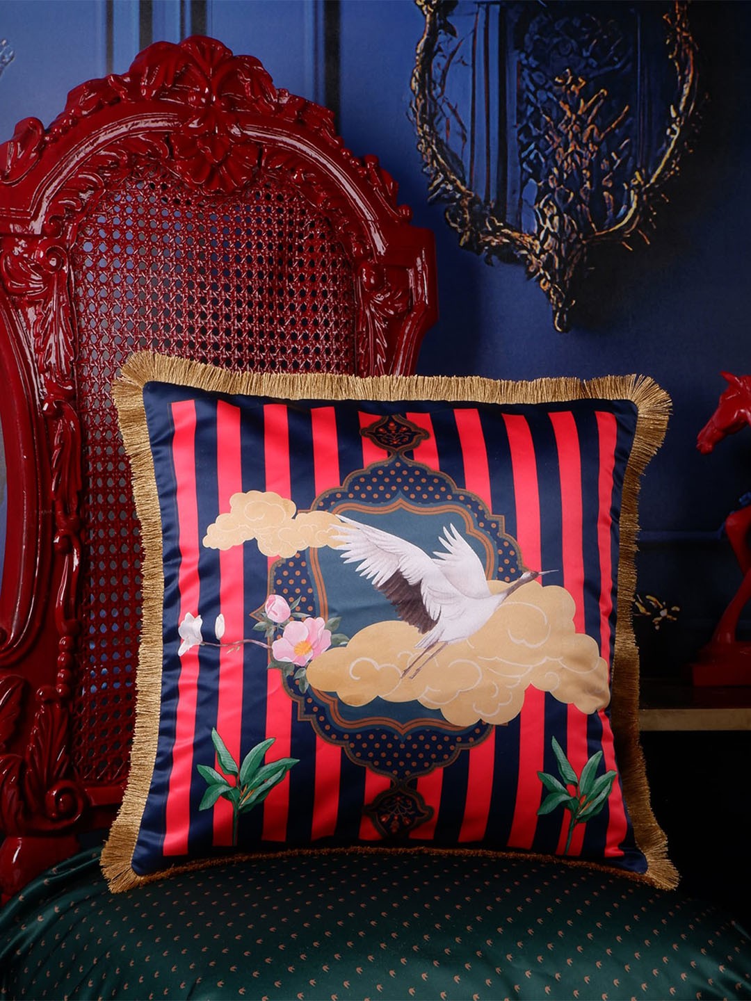 

THE WHITE INK DECOR Red & Navy Blue Quirky Satin Square Cushion Cover