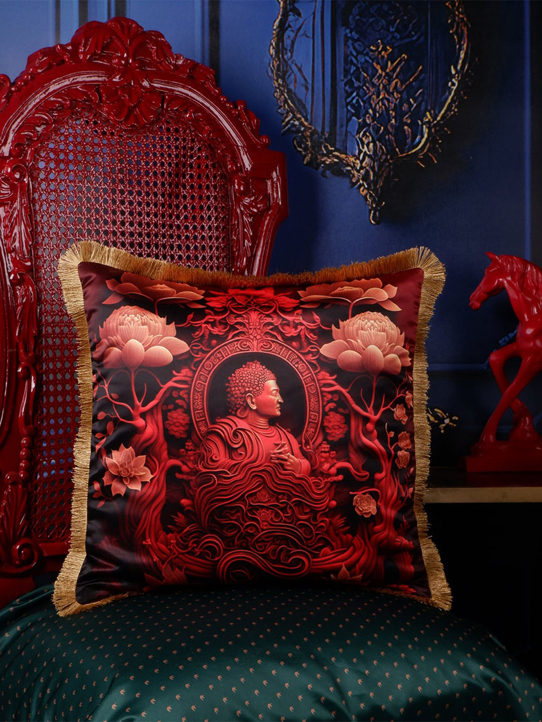 

THE WHITE INK DECOR Red & Black Ethnic Motifs Satin Square Cushion Cover
